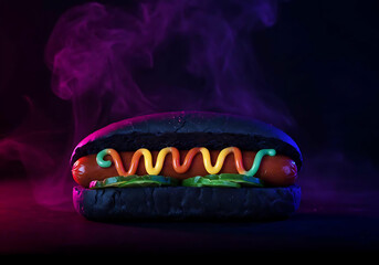 Hot-dog cósmico em fundo escuro com luz neon roxa e azul