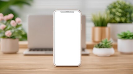 Modern Workspace  Blank Smartphone Mockup on Wooden Desk