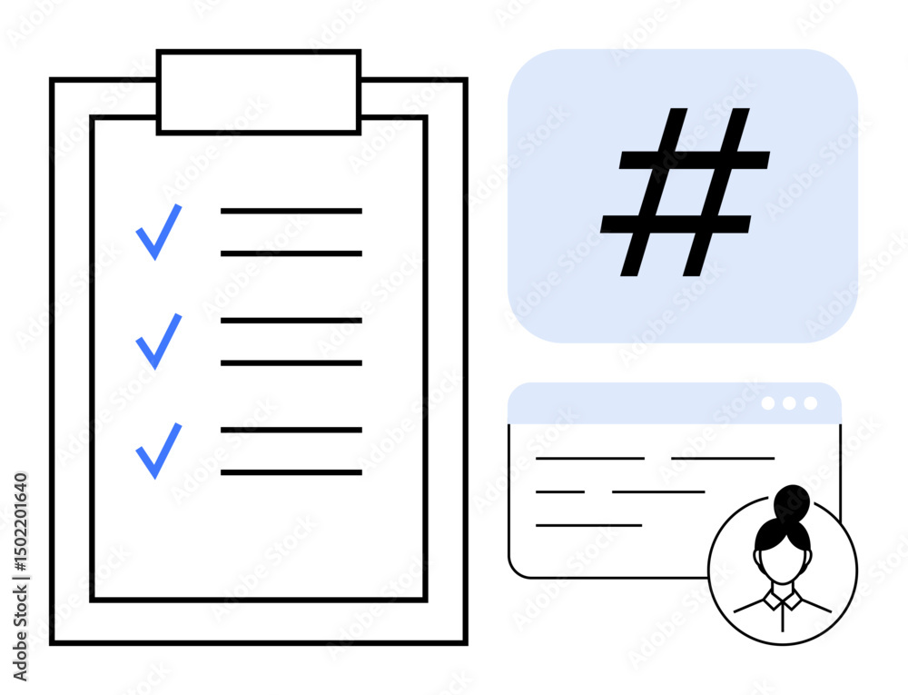 Aufkleber clipboard with checklist, large metadata tag, browser window with text, and user profile. ideal for 