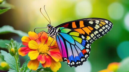 Fototapeta premium A vibrant butterfly rests gracefully on a colorful flower, showcasing its intricate wing patterns. The sunlight gently illuminates the scene.