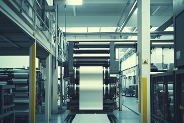 Industrial printing machine in modern factory environment with paper roll