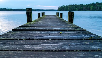 Wooden dock extends into calm lake under cloudy sky