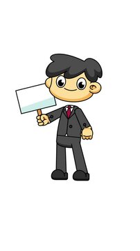 Businessman Hold Banner. Chibi Cartoon Loop in 4K. Greenscreen Character Animation 