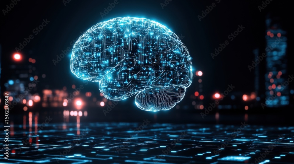 Poster digital brain floating above a network, symbolizing technology and intelligence. glowing nodes repre
