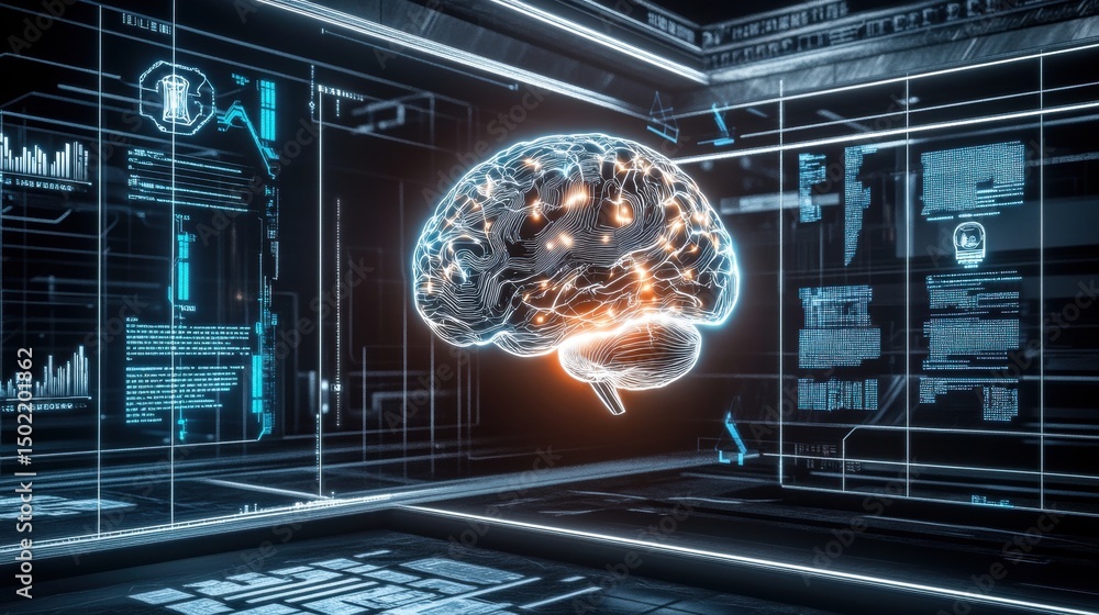 Poster a futuristic representation of the human brain, illuminated with intricate details in a high-tech en