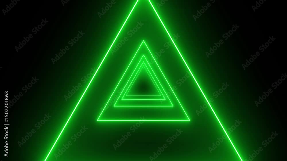 Poster neon glowing triangle tunnel with light lines on a transparent background. seamless loop. 4k motion 