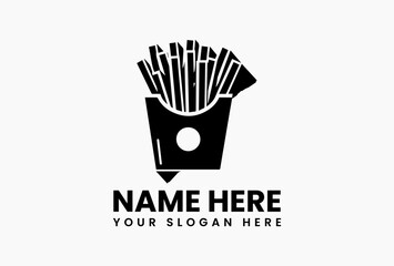 Minimalist black vector logo silhouette of french fries in a container with subtle shadow. Food concept