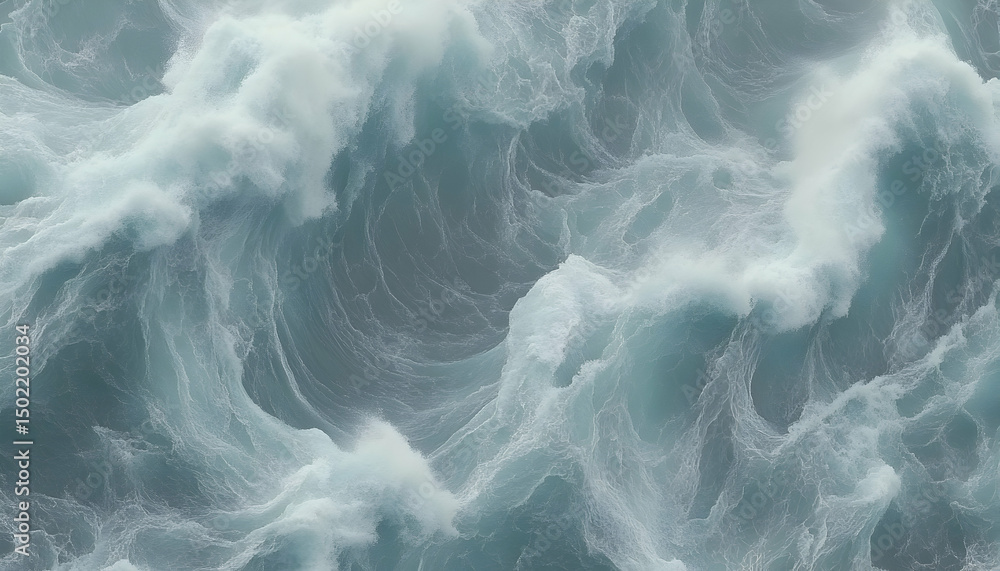 Poster dramatic aerial view of powerful ocean waves crashing, creating a mesmerizing texture of white foam 