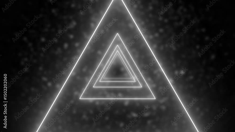 Poster neon glowing triangle tunnel with light lines on a transparent background. seamless loop. 4k motion 
