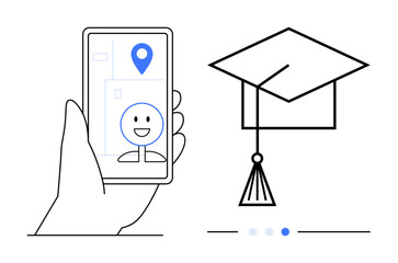 Hand holding smartphone with smiling face and location pin beside lined illustration of graduation cap. Ideal for education, navigation, technology, achievement, learning, innovation, simple landing