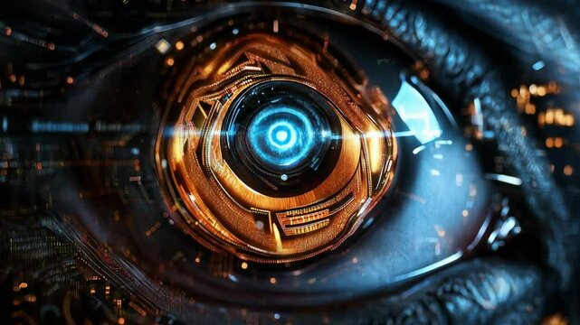 Futuristic robotic eye close-up, Cybernetic technology concept, Artificial intelligence eye design
