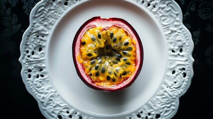 Halved Passion Fruit on an Ornate Plate