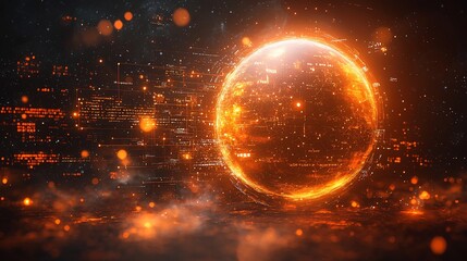 Digital Sphere of Swirling Abstract Gas and Text Patterns Over Machine Inspired Smoke In Alien Fractal Bloom