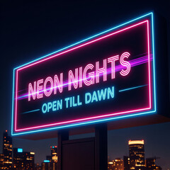 neon nights open till dawn sign over city skyline nighttime 3d render