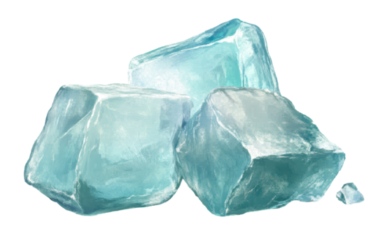Three translucent, light-blue ice cubes, slightly irregular, rest atop a small, fourth cube, isolated on a black background