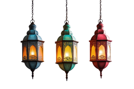 Three ornate hanging lanterns, teal, green, and red, illuminate with warm inner light against a black background