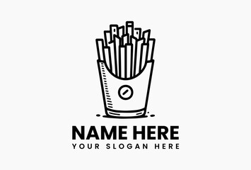 Minimalist black vector logo silhouette of french fries in a container with subtle shadow. Food concept