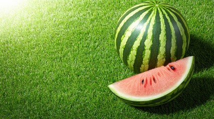 A close-up shot of a juicy watermelon and a slice on a field of green grass. The bright red interior of the slice offers a delightful contrast to the dark green and striped exterior.
