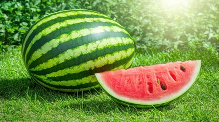 Juicy Watermelon Slice and Whole Fruit Resting on a Bed of Green Grass in Sunny Daylight