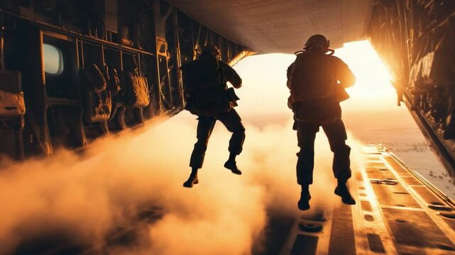 Military Paratroopers Jumping from Aircraft into Golden Sunset Landscape with Dramatic Clouds and Lighting