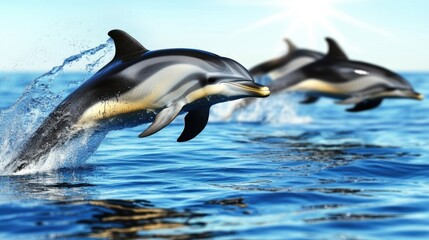 Two dolphins leaping joyfully through the ocean waves. Their sleek bodies glisten in the sunlight, showcasing their playful energy and grace.