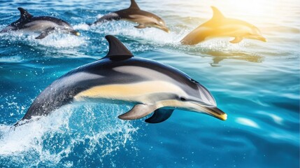 Dolphin leaping out of ocean water with sunlight shining on it