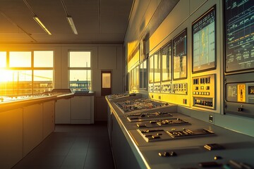 Control room at sunset with modern equipment and panels