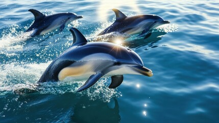 Three dolphins leaping and playing in the ocean's embrace, a mesmerizing sight of marine life