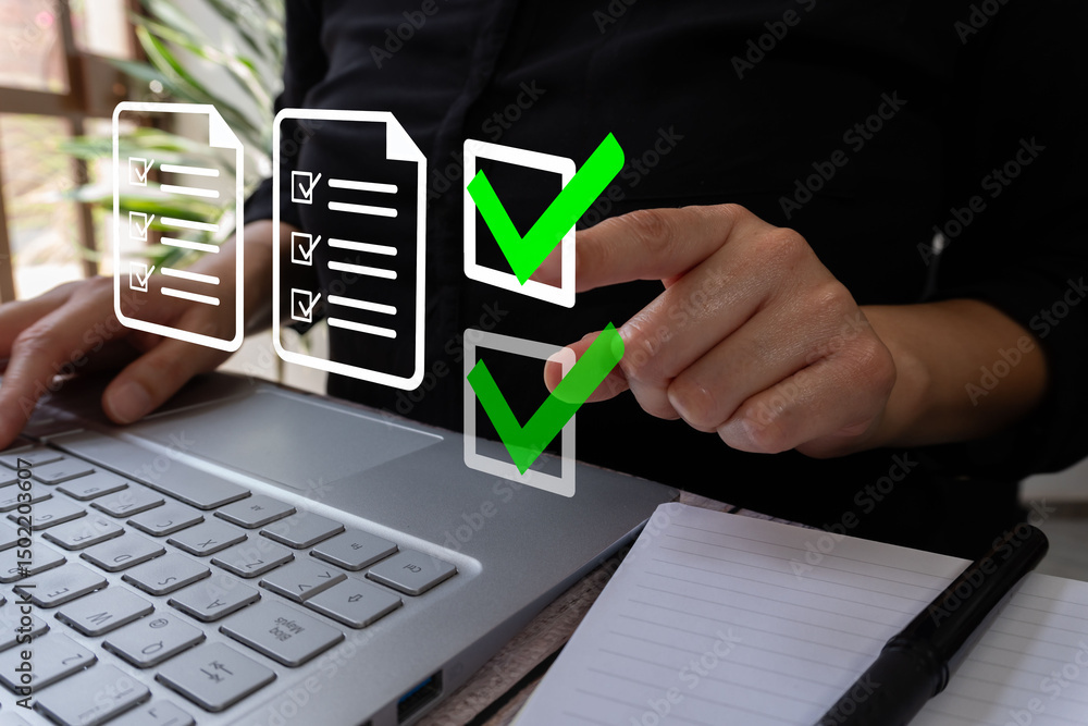 Poster a person using a laptop computer with a green check mark icon on the screen and a document file, sig