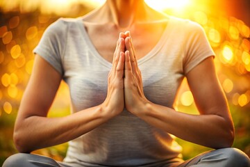 Woman meditating outdoors at sunset hands together in peaceful pose finding inner peace and serenity