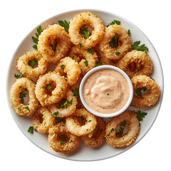 Crispy fried calamari rings with creamy sauce isolated on transparent background