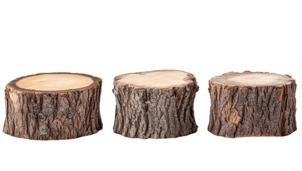 Three rustic, cylindrical wood slices, varying slightly in size and bark texture, arranged horizontally on a black background
