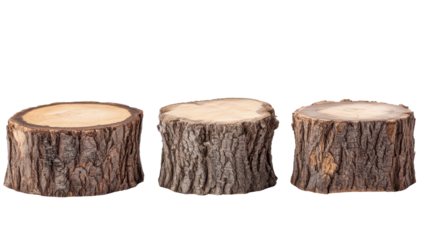 Three rustic, cylindrical wood slices, varying slightly in size and bark texture, arranged horizontally on a black background