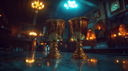 Obraz premium Two ornate golden goblets sit on a dark bar counter, reflecting the warm, ambient lighting of a sophisticated bar. The background is blurred, suggesting a lively atmosphere.