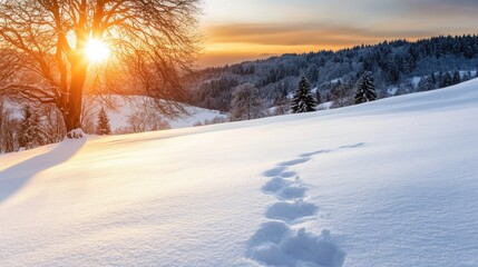 Winter landscape with a snowy field, footprints, trees, and the sun setting
