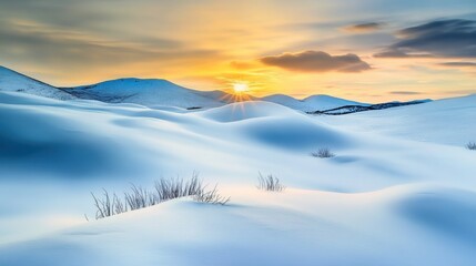 A breathtaking winter wonderland landscape with snow-covered hills under a vibrant sunset