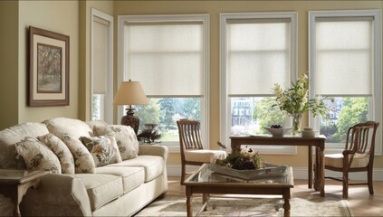 Obraz premium Living room interior with neutral sofa and blinds