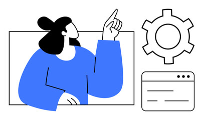 Female figure gesturing upward, gear cog for process or system, webpage interface for technology. Ideal for innovation, teamwork, problem-solving, management, planning, strategy simple landing page
