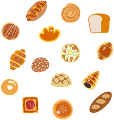 シンプルな手描きのパンのイラストセット