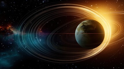 A captivating planet encircled by glowing rings, set against a backdrop of a mesmerizing cosmic nebula. The rings, a spectacle of light, elegantly trace the planet.