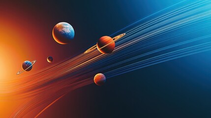 A vibrant artistic representation of planets in the cosmos, showcasing the beauty of space. The arrangement creates a visually captivating scene with celestial bodies in a colorful environment
