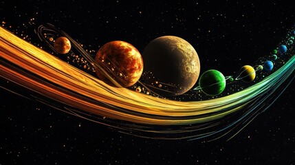 A stunning visualization of planets with colorful bands and stars, representing the vastness of space. The image showcases an artistic rendition of the solar system. 