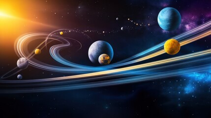 A celestial view of planets aligned in space. A futuristic representation of planets and cosmic elements with streams of light and energy