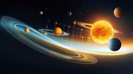 A Vibrant depiction of our solar system, showcasing planets around the radiant sun. The image is filled with dynamic rings, adding to the cosmic appeal.