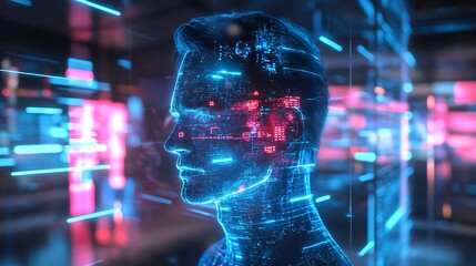 Profile view of a digital human head with glowing circuitry.