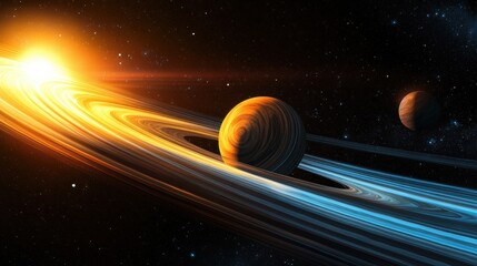An imaginative depiction of an exoplanet adorned with majestic rings, basking in the radiant glow of a distant star