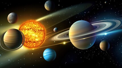 A stunning illustration of the solar system, showcasing the sun and various planets, and their unique characteristics