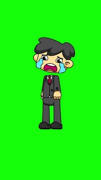 Crying Businessman Cartoon. Chibi Emotional Loop in 4K. Greenscreen Animated Character 