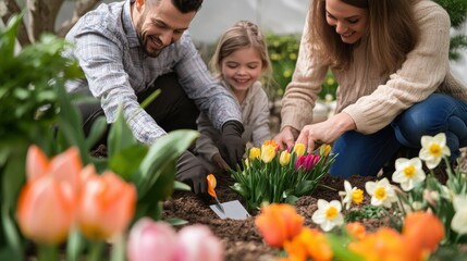 A family joyfully planting flowers together in a garden. The parents and their child are working together, tending to colorful blooms
