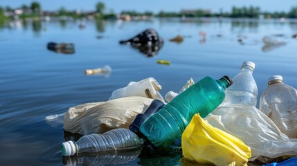 Plastic pollution in water, highlighting environmental damage. Bottles and bags of plastic litter the water surface, showing pollution